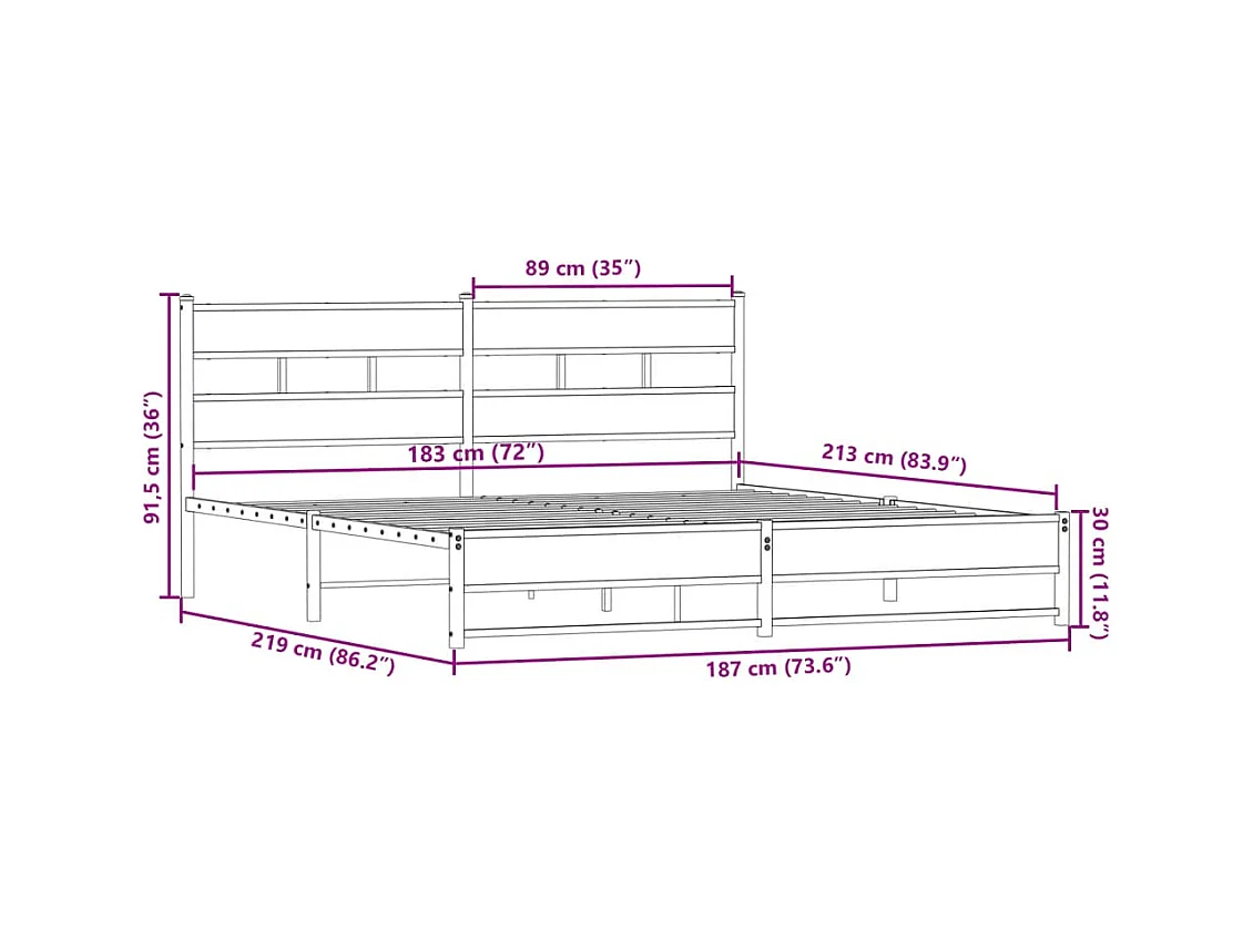 Lit double | Lit adulte | Cadre de lit en métal chêne fumé 183x213 cm