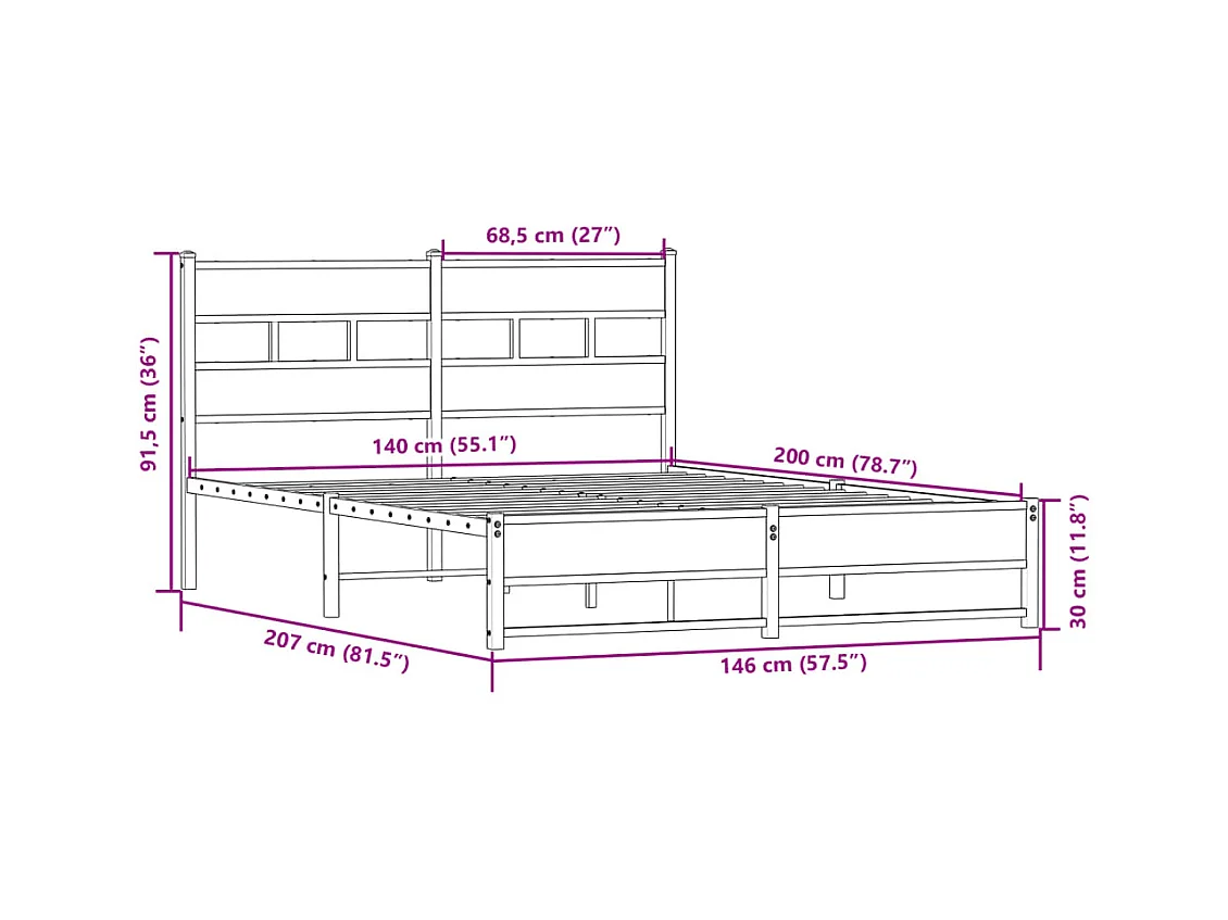 Lit double | Lit adulte | Cadre de lit en métal chêne sonoma 140x200 cm