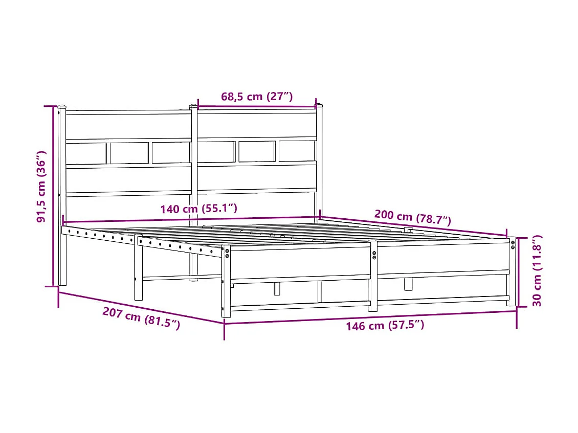 Letto per adulti | Letto matrimoniale | Giroletto senza Materaso in Metallo Rovere Sonoma 140x200 cm