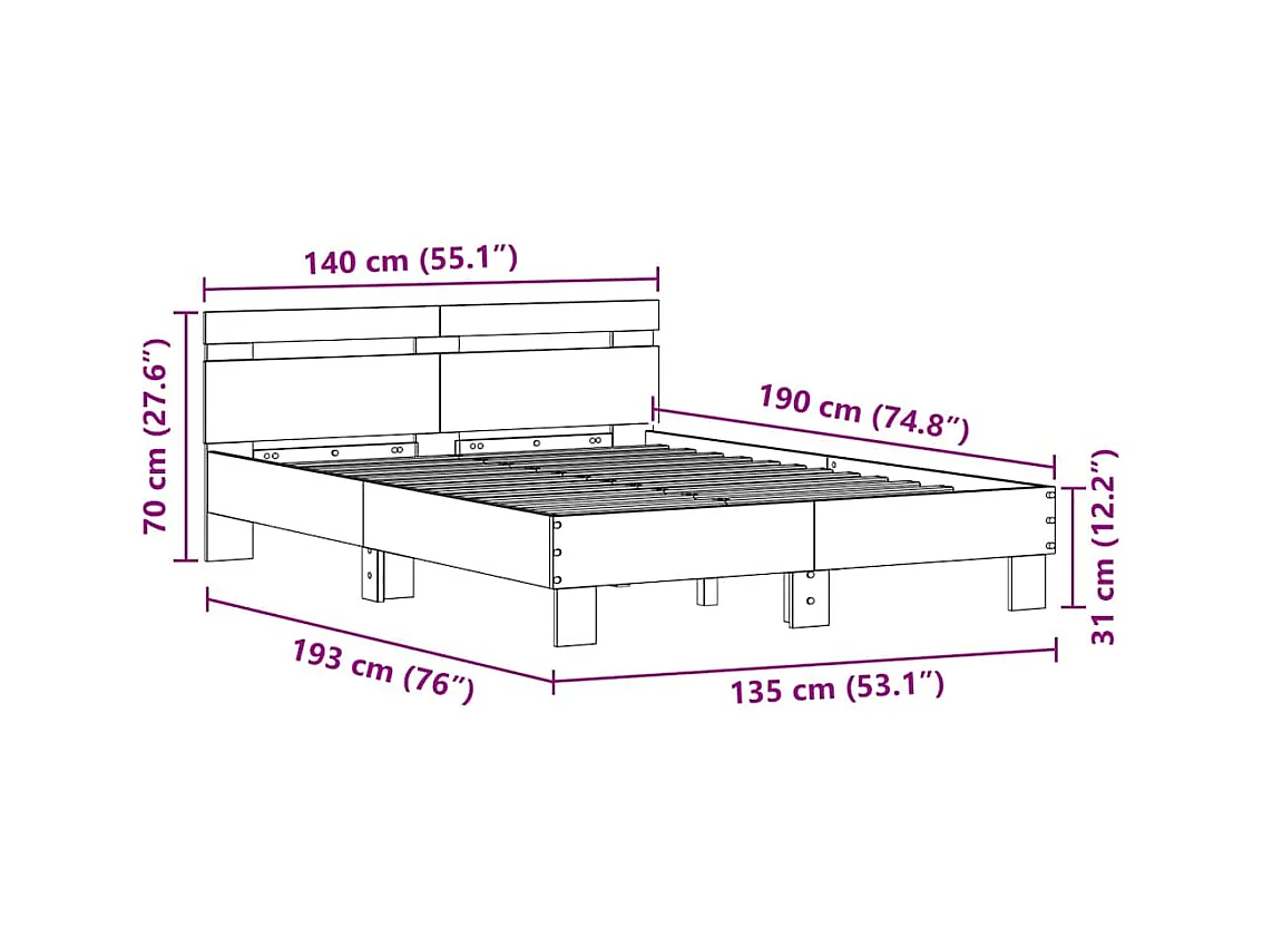 Lit double | Lit adulte | Cadre de lit chêne artisanal 135x190 cm Bois d'ingénierie