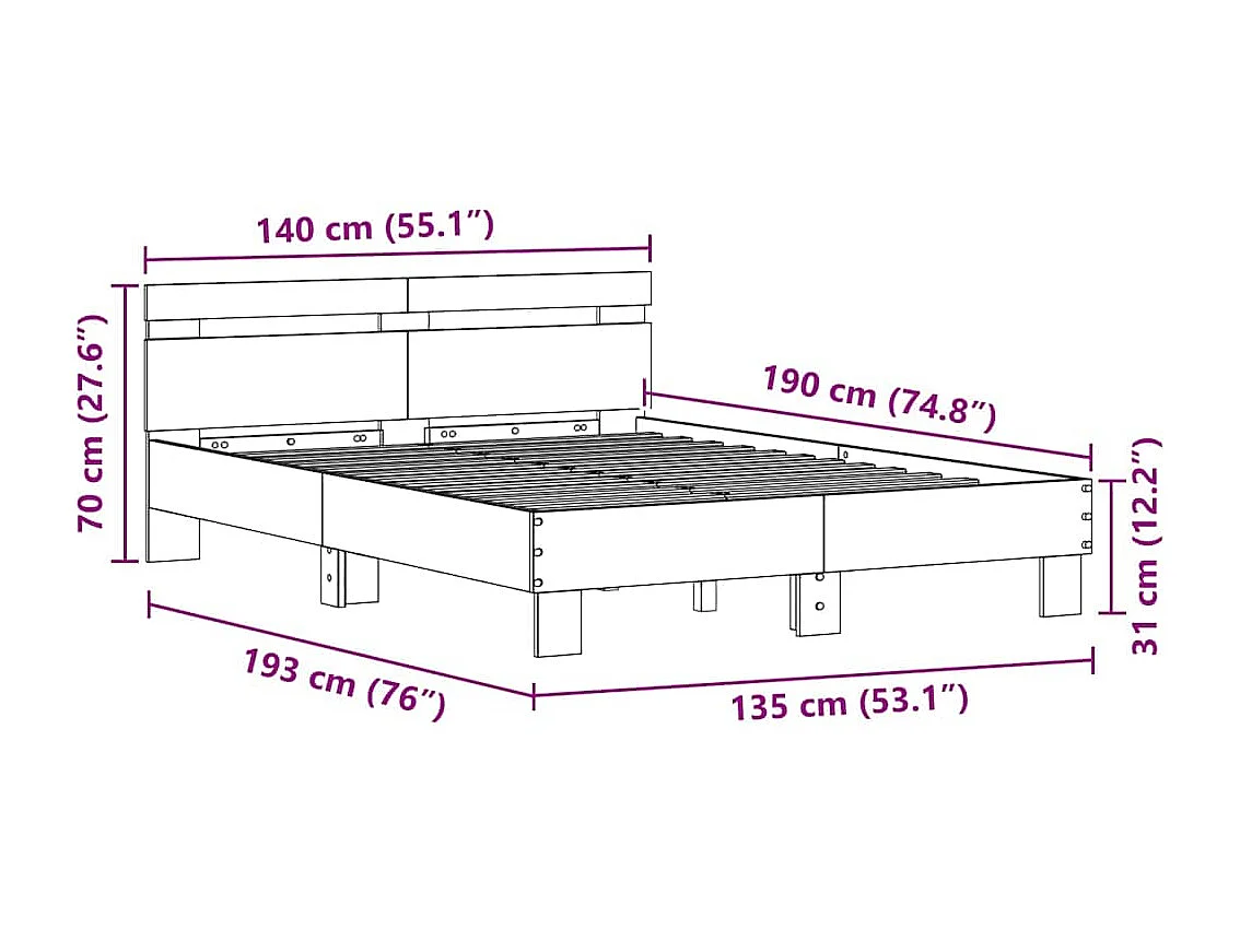Lit double | Lit adulte | Cadre de lit chêne artisanal 135x190 cm Bois d'ingénierie