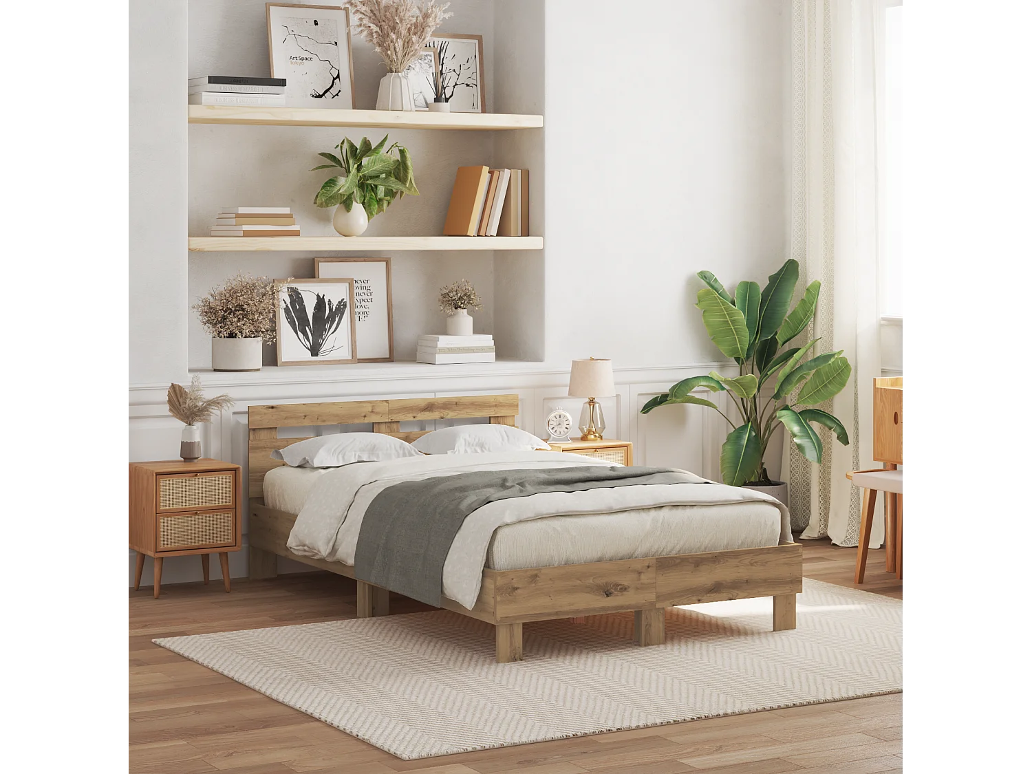 Bedframe | Tweepersoonsbed met LED Artisan Eiken 135x190 cm Bewerkt hout