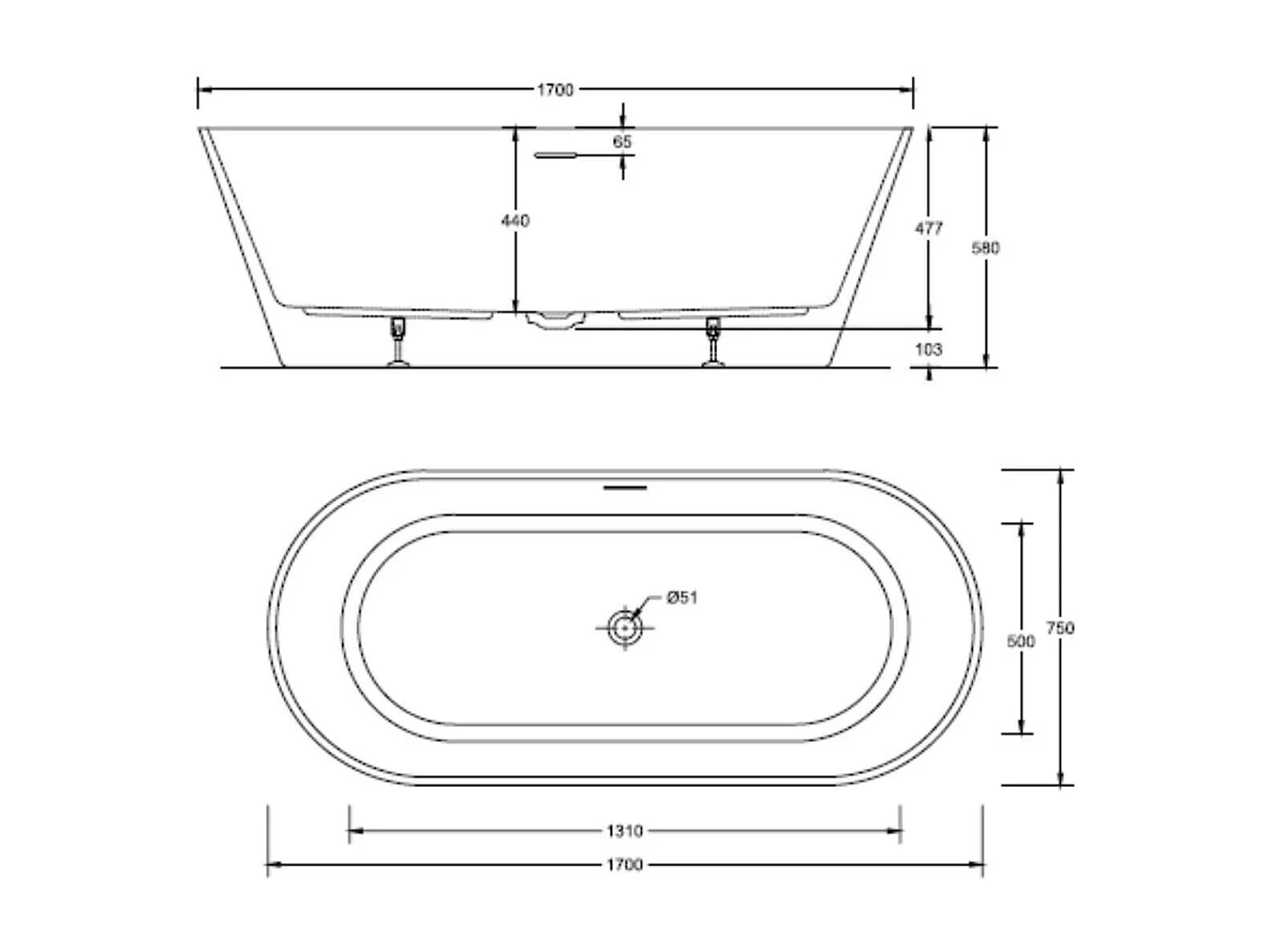 Vasca da bagno autoportante SERENA in acrilico bianco da 170 cm