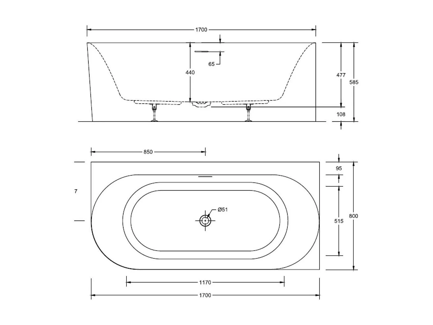 Weiße halbfreistehende Acrylbadewanne 170 cm - rechtwinklig FORMA