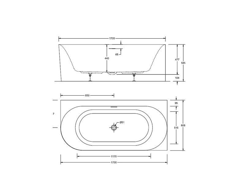 Vasca da bagno semi-autoportante in acrilico bianco 170cm - Angolo retto FORMA