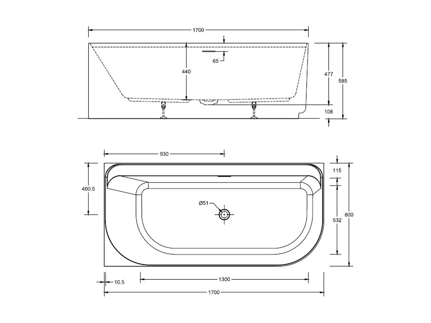 Weiße halbfreistehende Acrylbadewanne 170 cm - rechtwinklig EQUINOXE