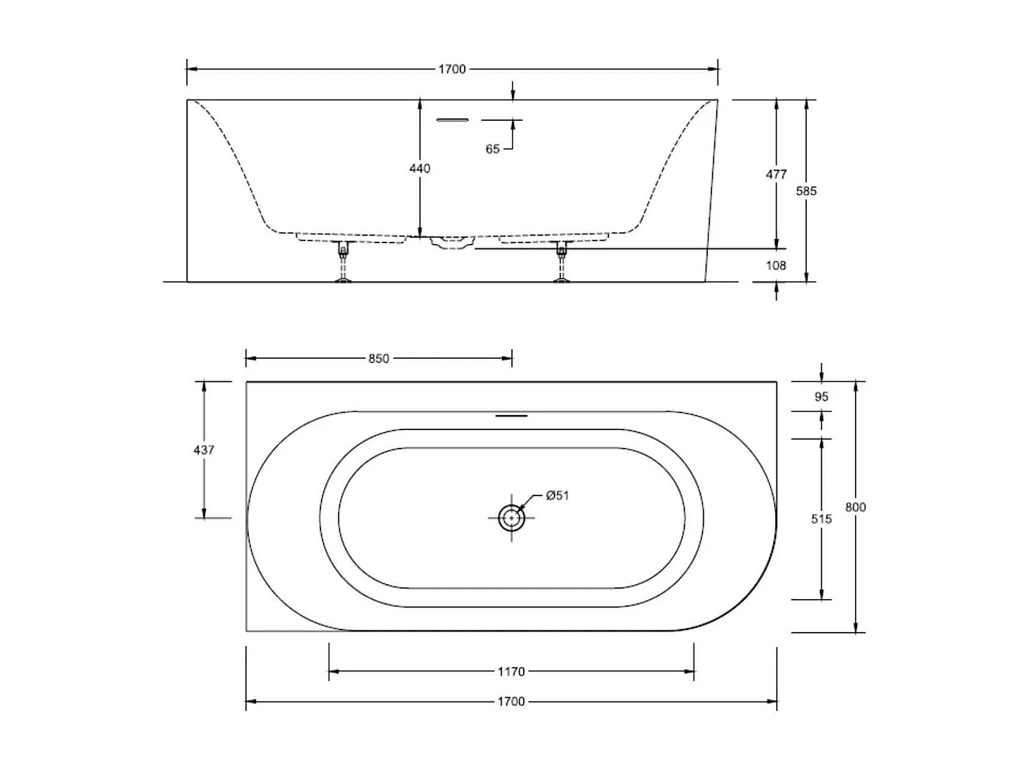 Wit semi-vrijstaand acryl bad 170cm - Linkerhoek FORMA