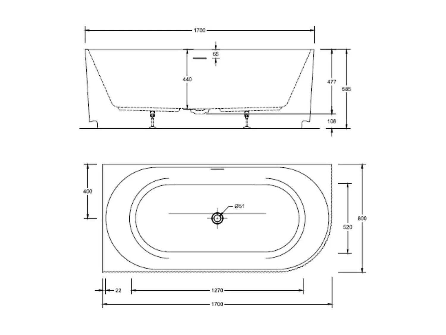 Wit semi-eiland acryl geribbeld bad 170cm - Linkerhoek STRIA