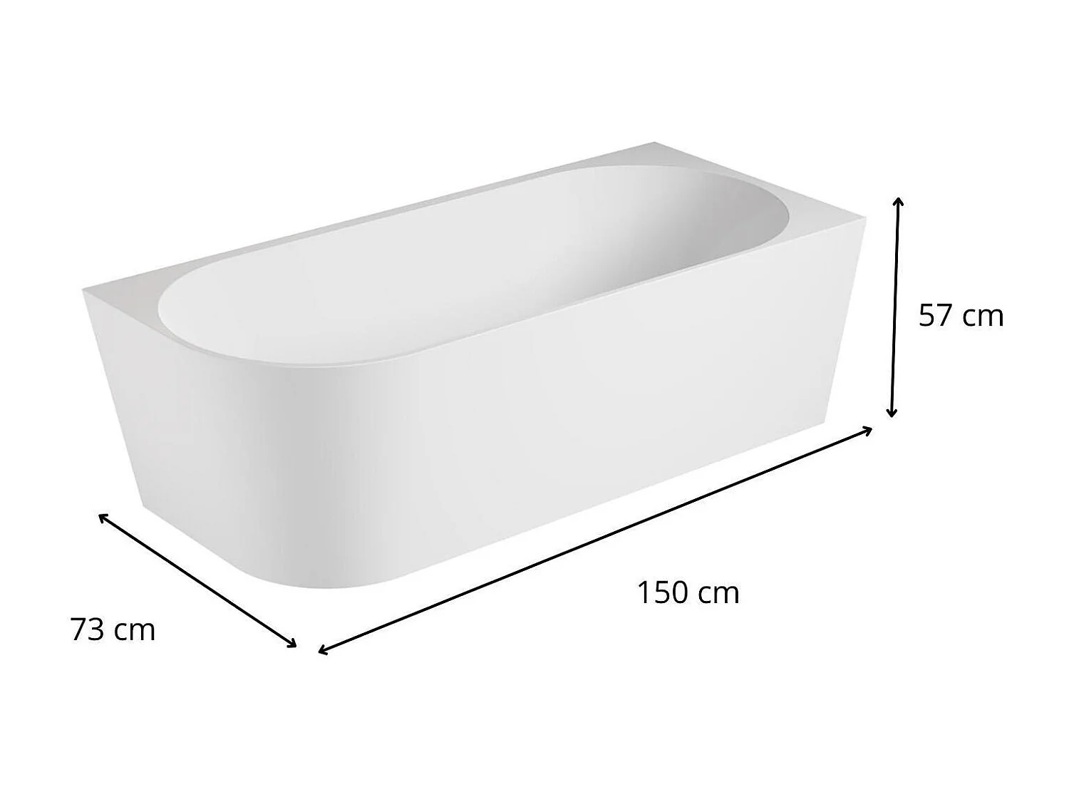 Bañera semiexenta acrílica blanca 150cm - Ángulo recto MILO