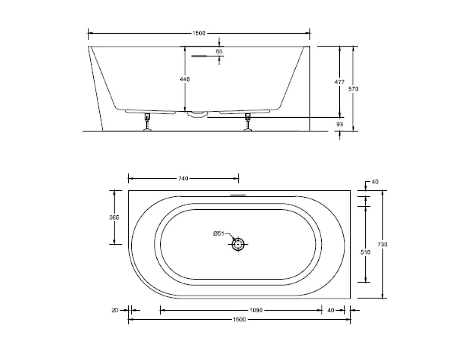 Bañera semiexenta acrílica blanca 150cm - Ángulo recto MILO