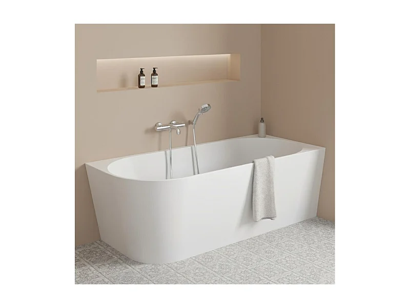 Bañera semiexenta acrílica blanca 150cm - Ángulo recto MILO