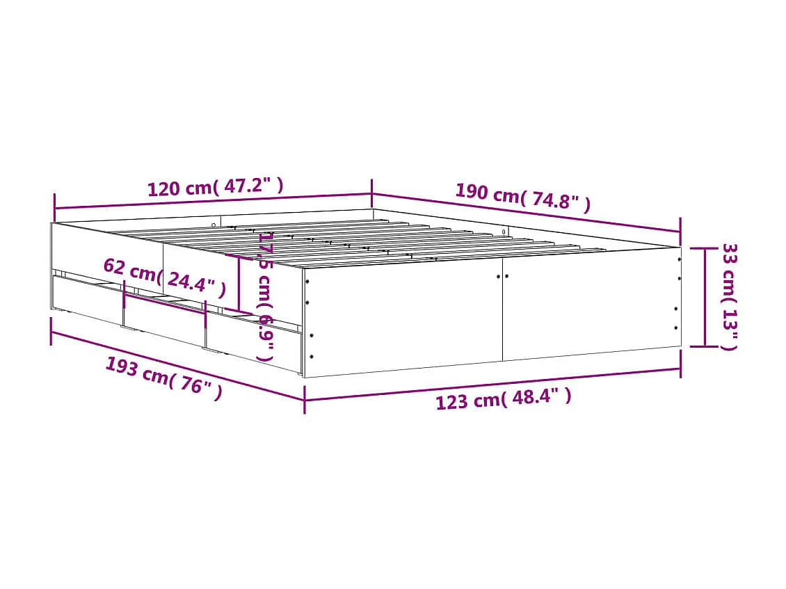 Lit simple | Lit adulte, enfant | Cadre de lit avec tiroirs gris béton 120x190 cm
