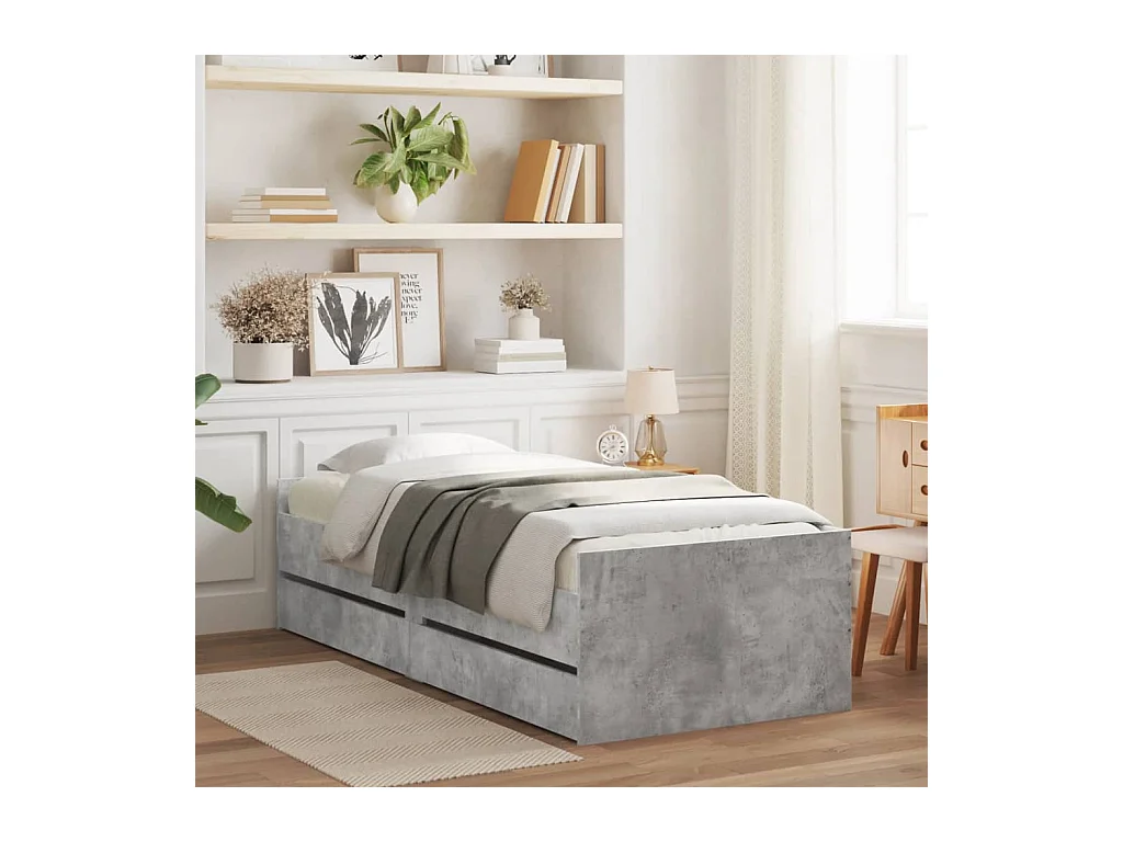 Lit simple | Lit adulte, enfant | Cadre de lit avec tiroirs gris béton 90x190 cm