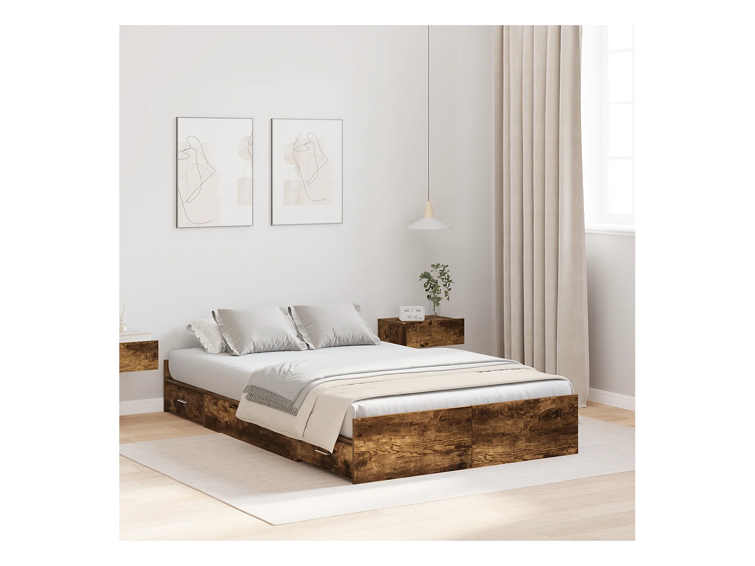 Lit simple | Lit adulte, enfant | Cadre de lit avec rangement avec tiroir Chêne fumé 120x190 cm