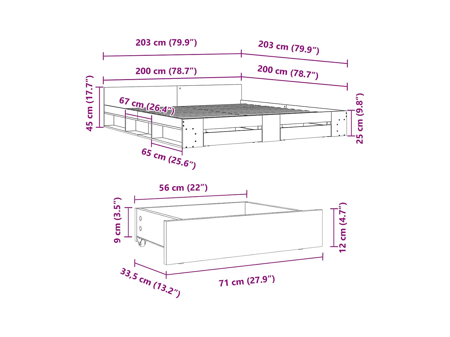 Lit double | Lit adulte | Cadre de lit avec tiroirs noir 200x200 cm