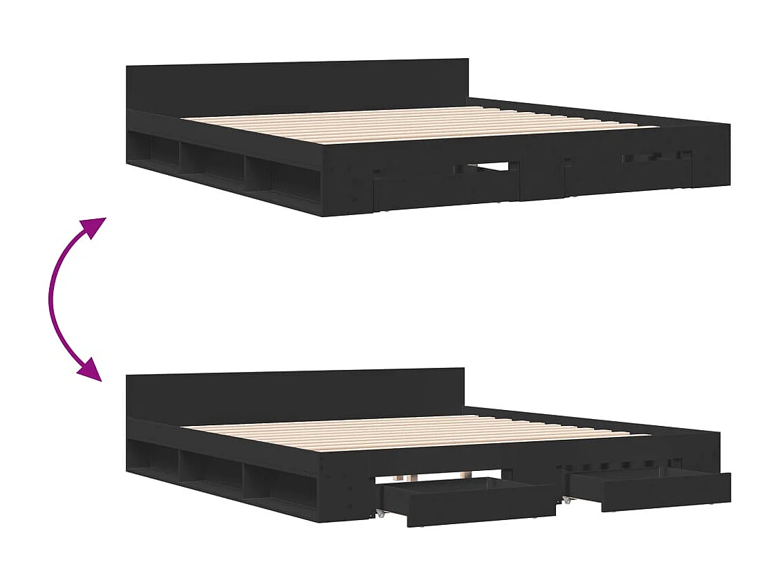 Lit double | Lit adulte | Cadre de lit avec tiroirs noir 200x200 cm