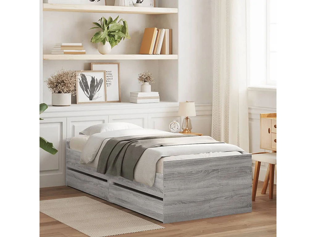 Lit simple | Lit adulte, enfant | Cadre de lit avec tiroirs sonoma gris 90x190 cm