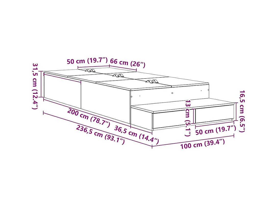 Lit simple | Lit adulte, enfant | Cadre de lit avec rangement Bois ancien 236.5x100x31.5 cm