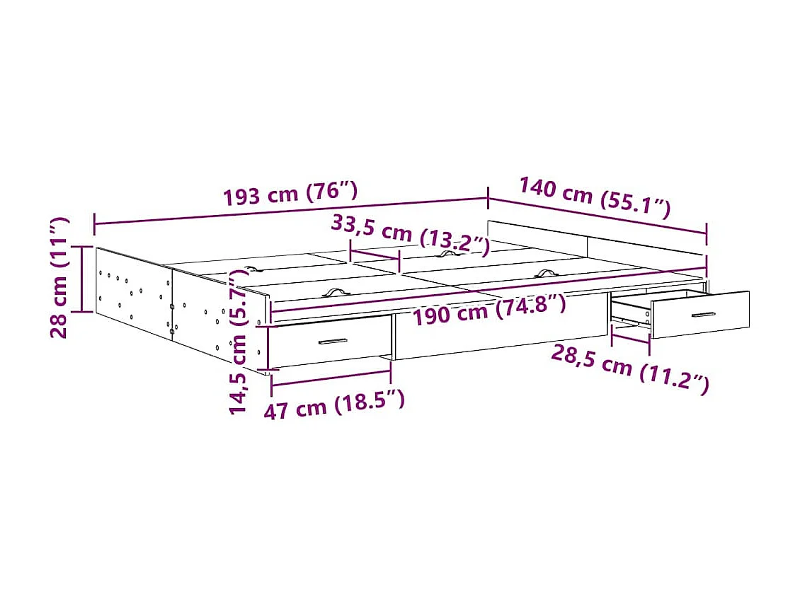 Lit double | Lit adulte | Cadre de lit avec rangement Sonoma gris 140x190 cm