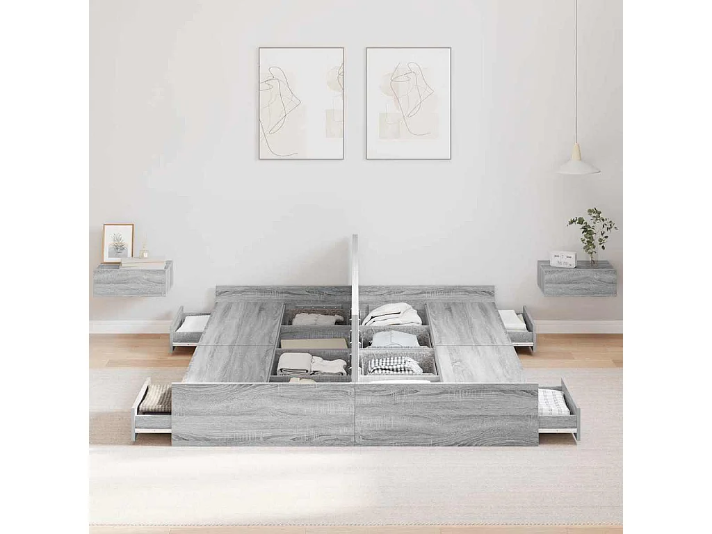 Lit double | Lit adulte | Cadre de lit avec rangement Sonoma gris 140x190 cm