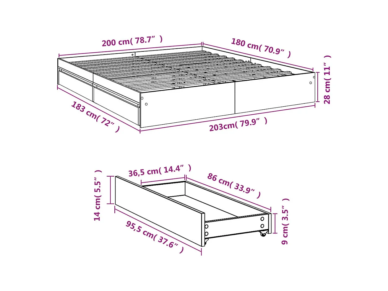 Lit double | Lit adulte | Cadre de lit avec tiroirs sonoma gris 180x200 cm