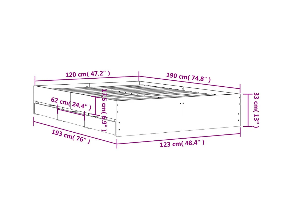 Lit simple | Lit adulte, enfant | Cadre de lit avec tiroirs noir 120x190 cm