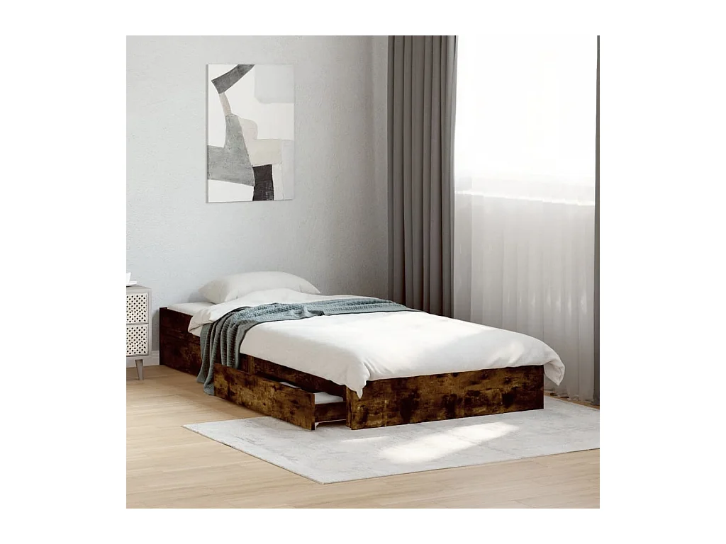 Lit simple | Lit adulte, enfant | Cadre de lit avec tiroirs chêne fumé 90x190 cm