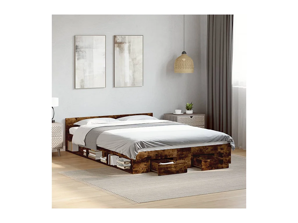 Lit simple | Lit adulte, enfant | Cadre de lit avec tiroirs chêne fumé 120x190 cm