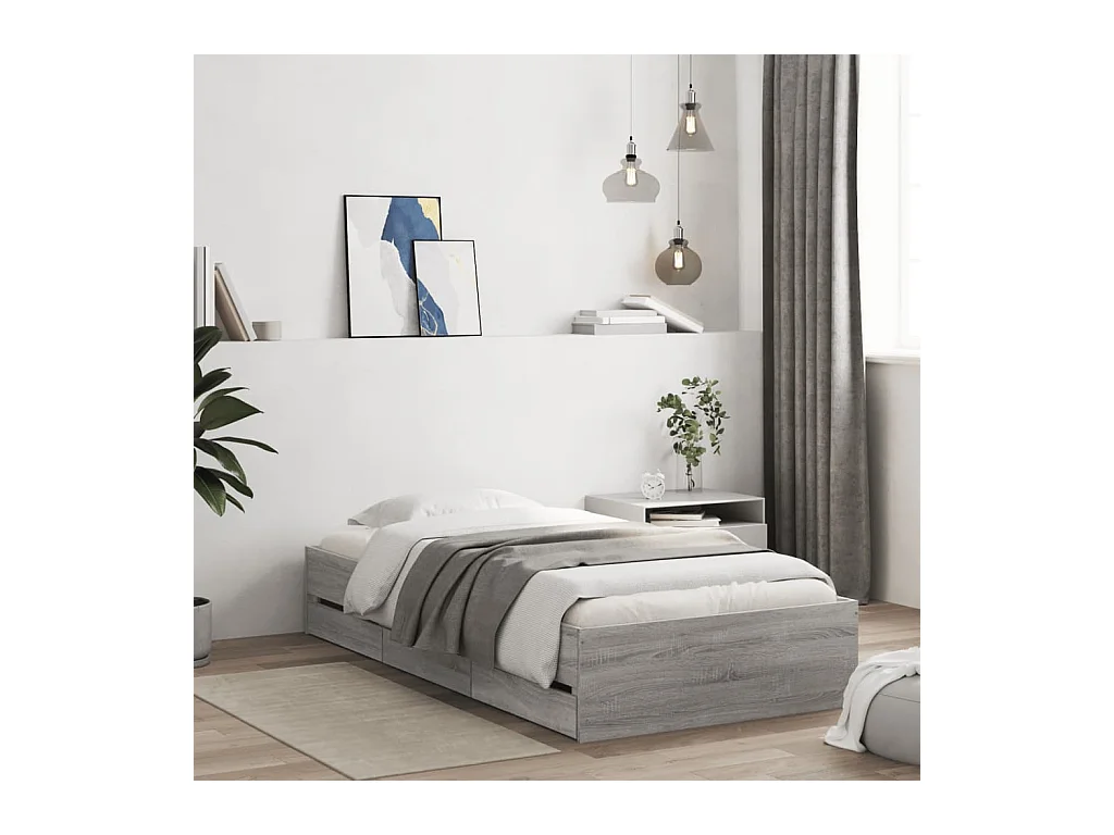 Lit simple | Lit adulte, enfant | Cadre de lit avec tiroirs sonoma gris 90x200 cm