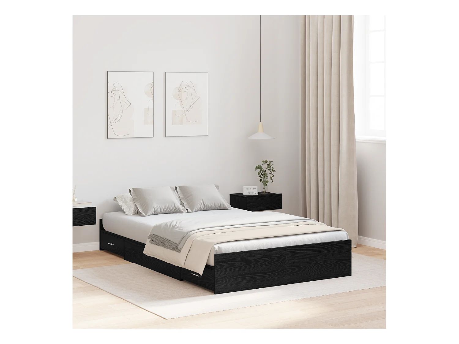 Lit simple | Lit adulte, enfant | Cadre de lit avec rangement avec tiroir Chêne noir 120x200 cm