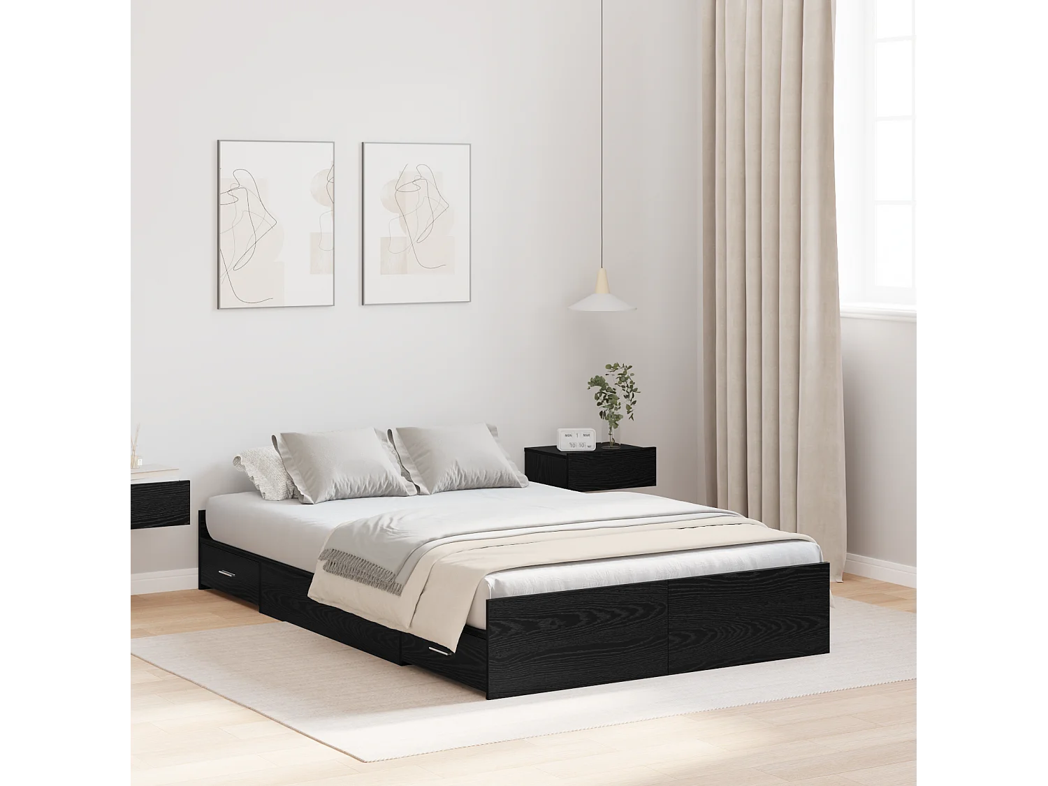 Lit simple | Lit adulte, enfant | Cadre de lit avec rangement avec tiroir Chêne noir 120x200 cm