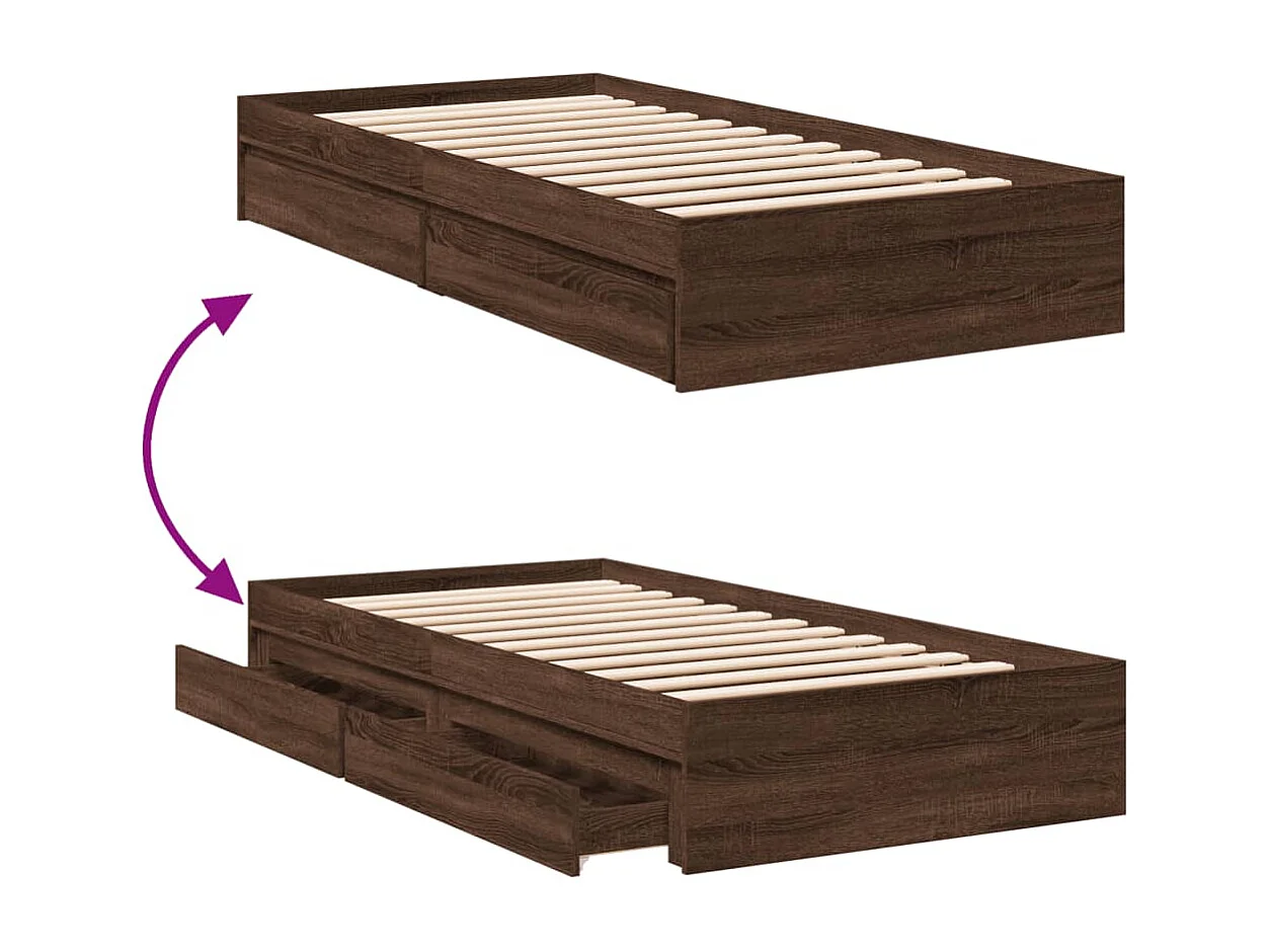 Lit simple | Lit adulte, enfant | Cadre de lit avec tiroirs chêne marron 75x190 cm