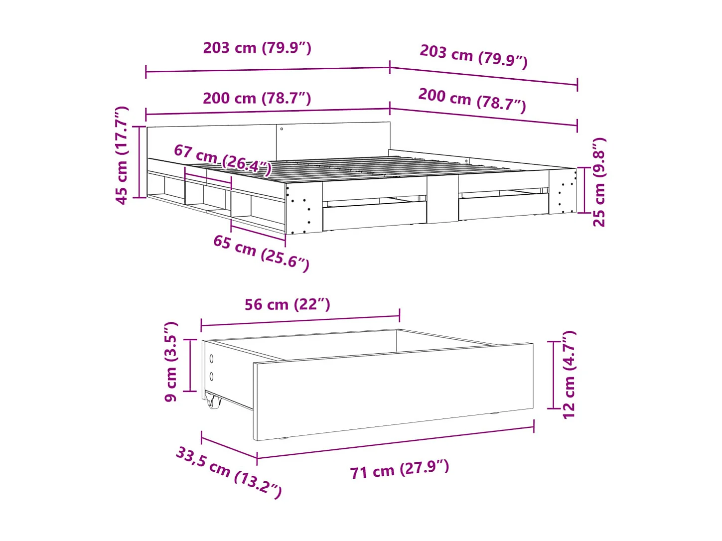 Lit double | Lit adulte | Cadre de lit avec tiroirs sonoma gris 200x200 cm