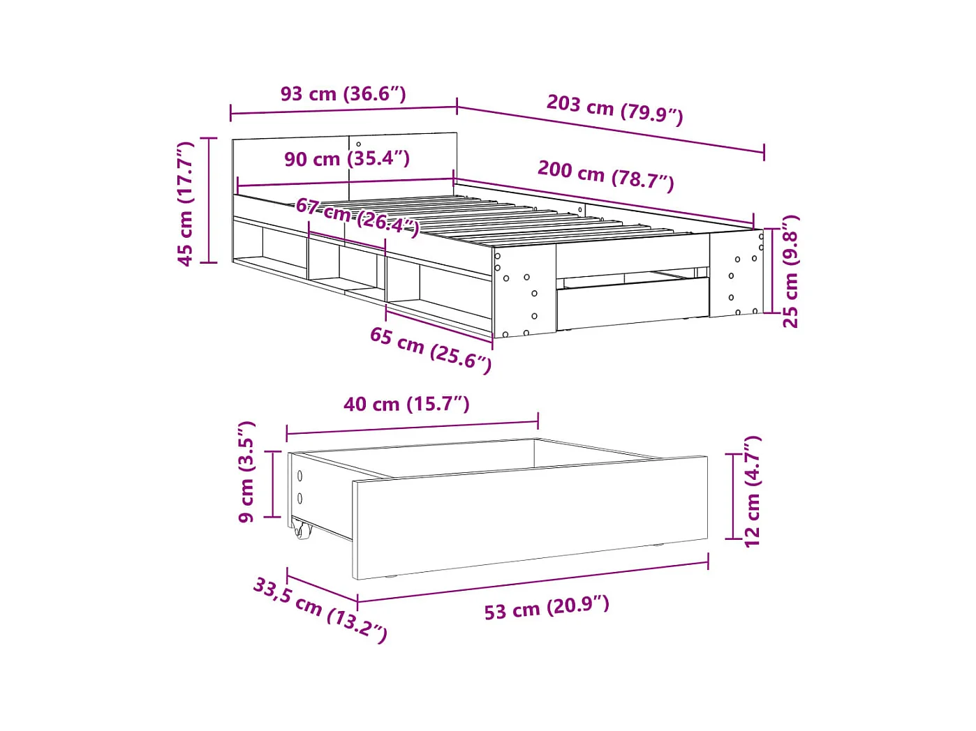 Lit simple | Lit adulte, enfant | Cadre de lit avec tiroir sonoma gris 90x200 cm