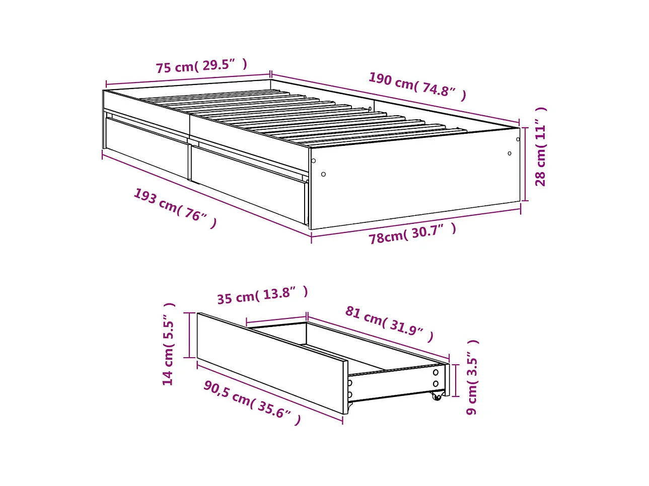 Lit simple | Lit adulte, enfant | Cadre de lit avec tiroirs chêne sonoma 75x190 cm