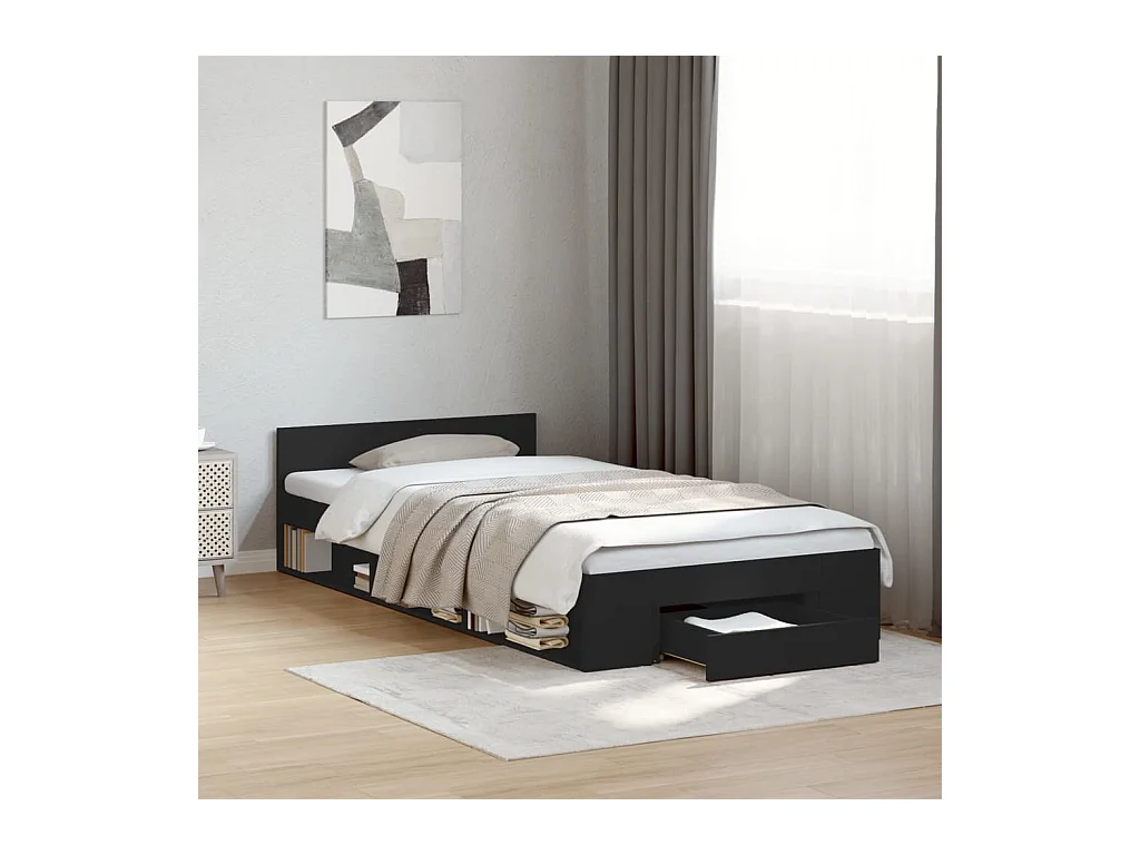 Lit simple | Lit adulte, enfant | Cadre de lit avec tiroir noir 75x190 cm