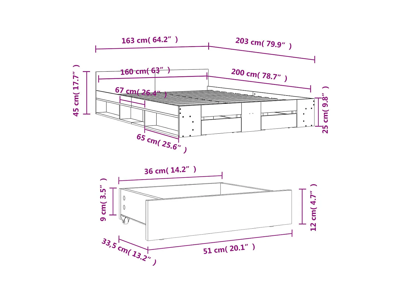 Lit double | Lit adulte | Cadre de lit avec tiroirs blanc 160x200 cm