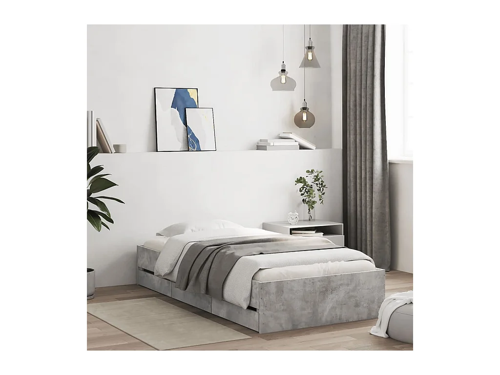 Lit simple | Lit adulte, enfant | Cadre de lit avec tiroirs gris béton 100x200 cm