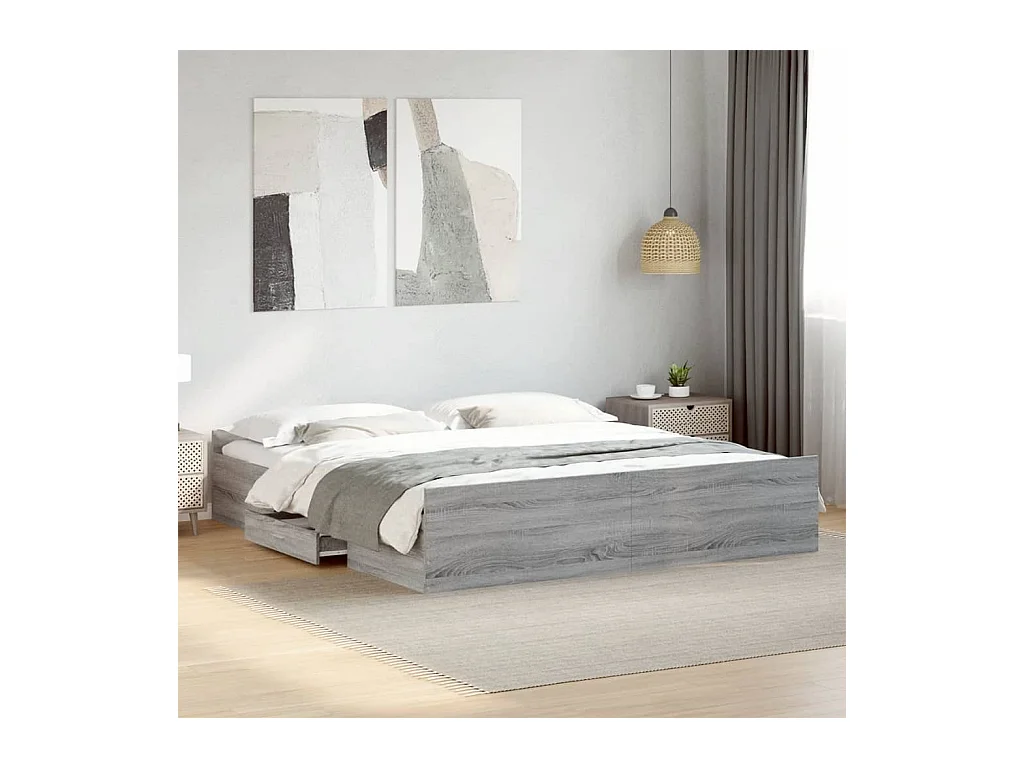Lit double | Lit adulte | Cadre de lit avec tiroirs sonoma gris 200x200 cm