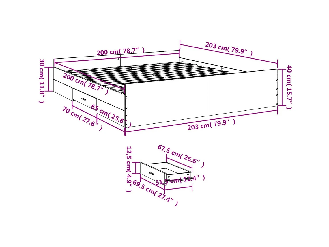Lit double | Lit adulte | Cadre de lit avec tiroirs sonoma gris 200x200 cm