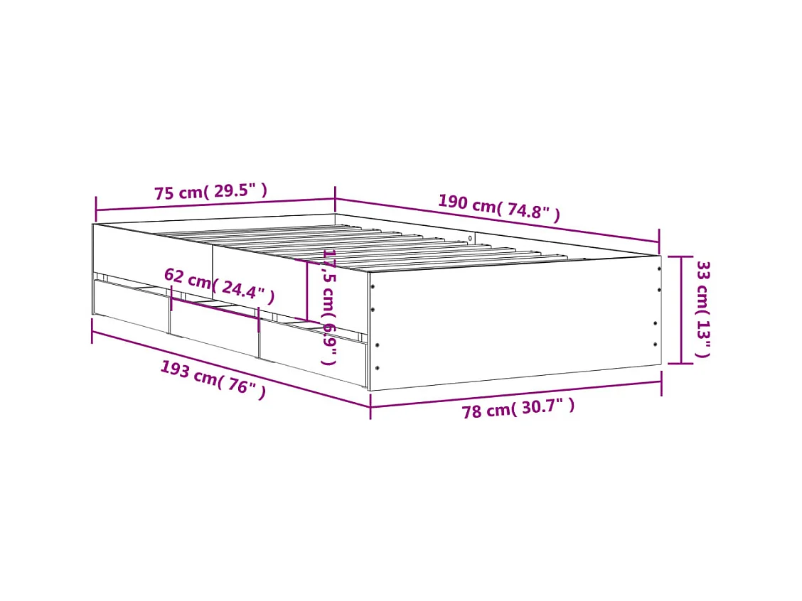 Lit simple | Lit adulte, enfant | Cadre de lit avec tiroirs sonoma gris 75x190 cm