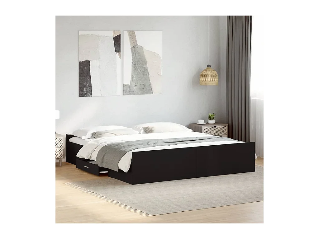 Lit double | Lit adulte | Cadre de lit avec tiroirs noir 200x200 cm