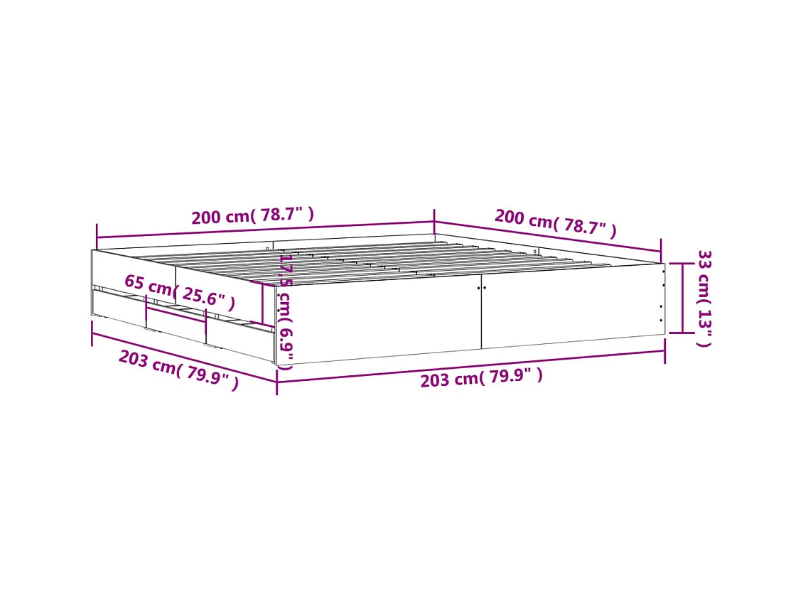 Lit double | Lit adulte | Cadre de lit avec tiroirs chêne marron 200x200 cm