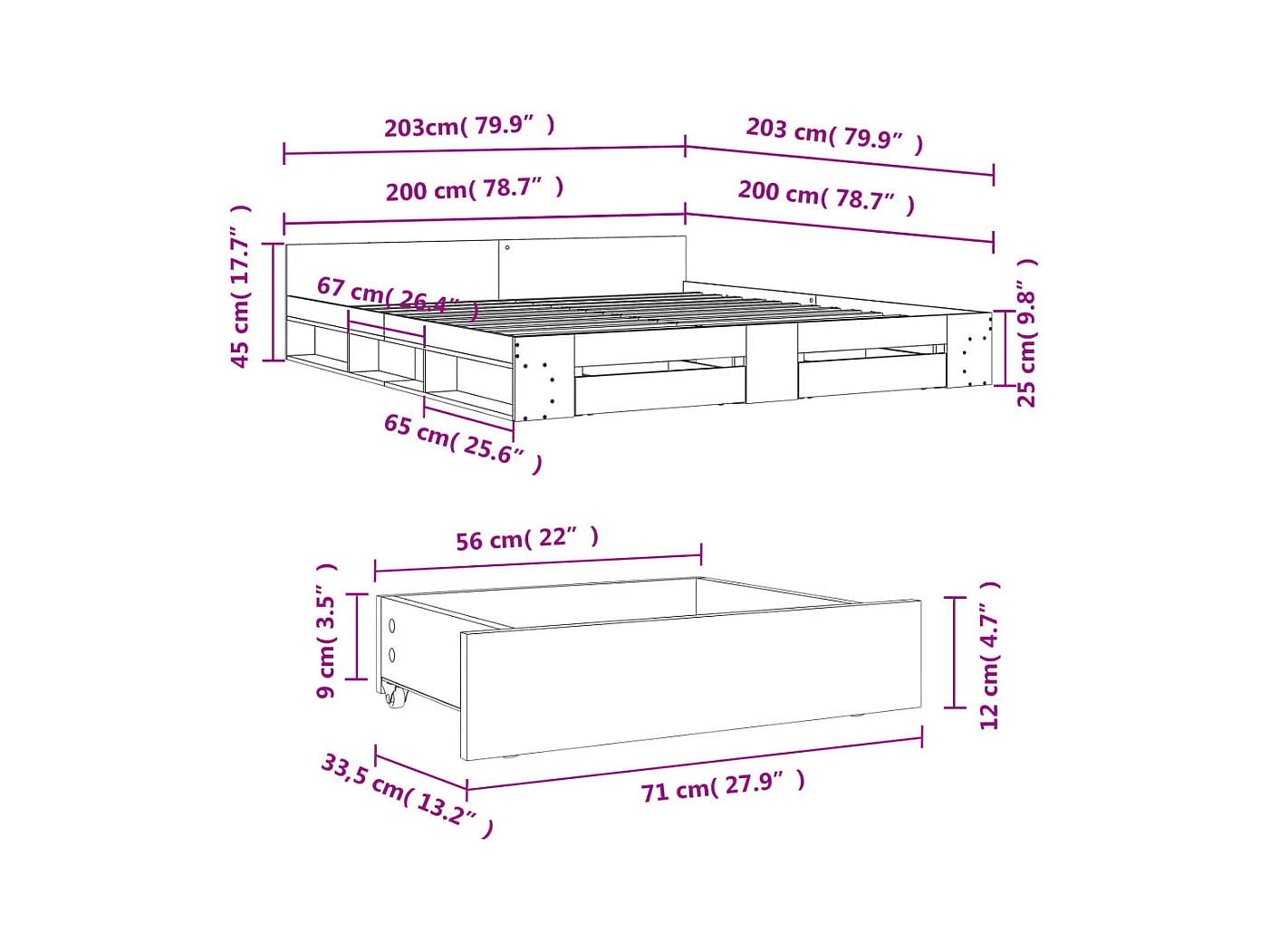 Lit double | Lit adulte | Cadre de lit avec tiroirs blanc 200x200 cm
