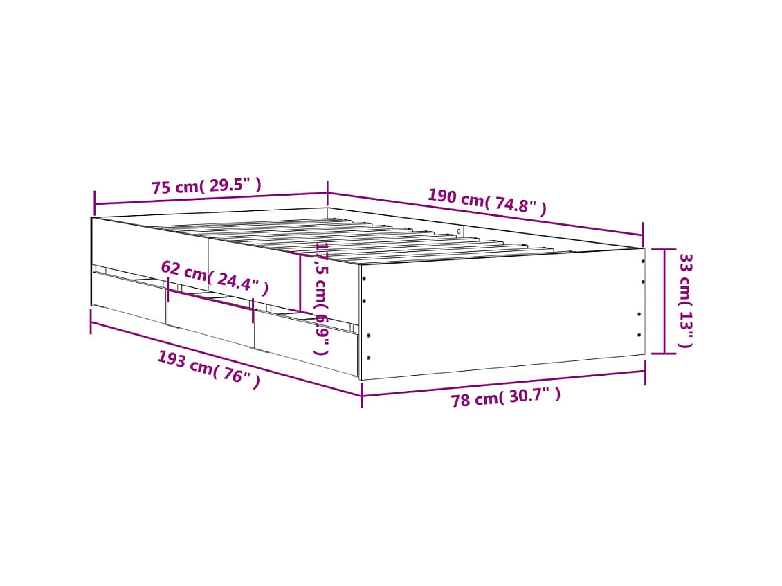 Lit simple | Lit adulte, enfant | Cadre de lit avec tiroirs chêne marron 75x190 cm