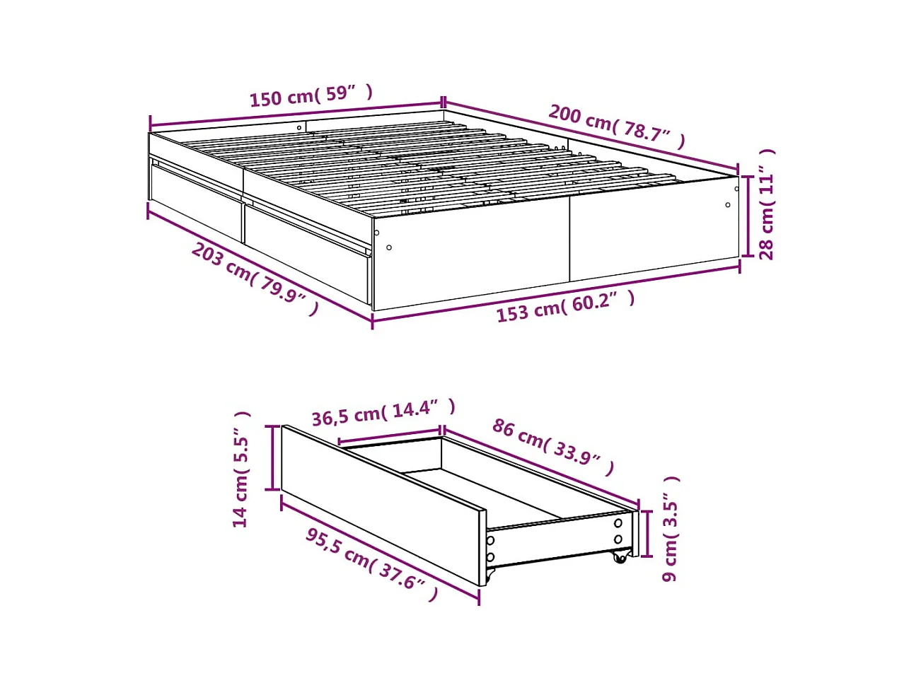 Lit double | Lit adulte | Cadre de lit avec tiroirs sonoma gris 150x200 cm