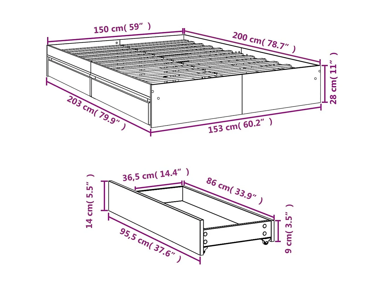 Lit double | Lit adulte | Cadre de lit avec tiroirs sonoma gris 150x200 cm