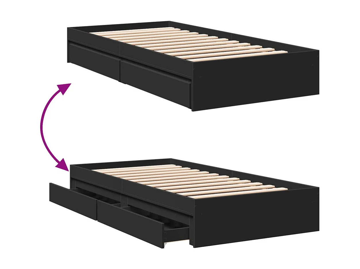 Lit simple | Lit adulte, enfant | Cadre de lit avec tiroirs noir 75x190 cm