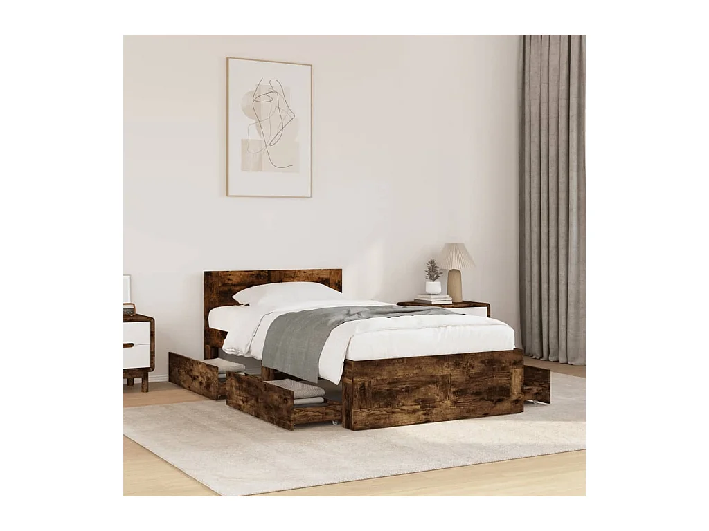 Lit simple | Lit adulte, enfant | Cadre de lit et tête de lit chêne fumé 90x200 cm