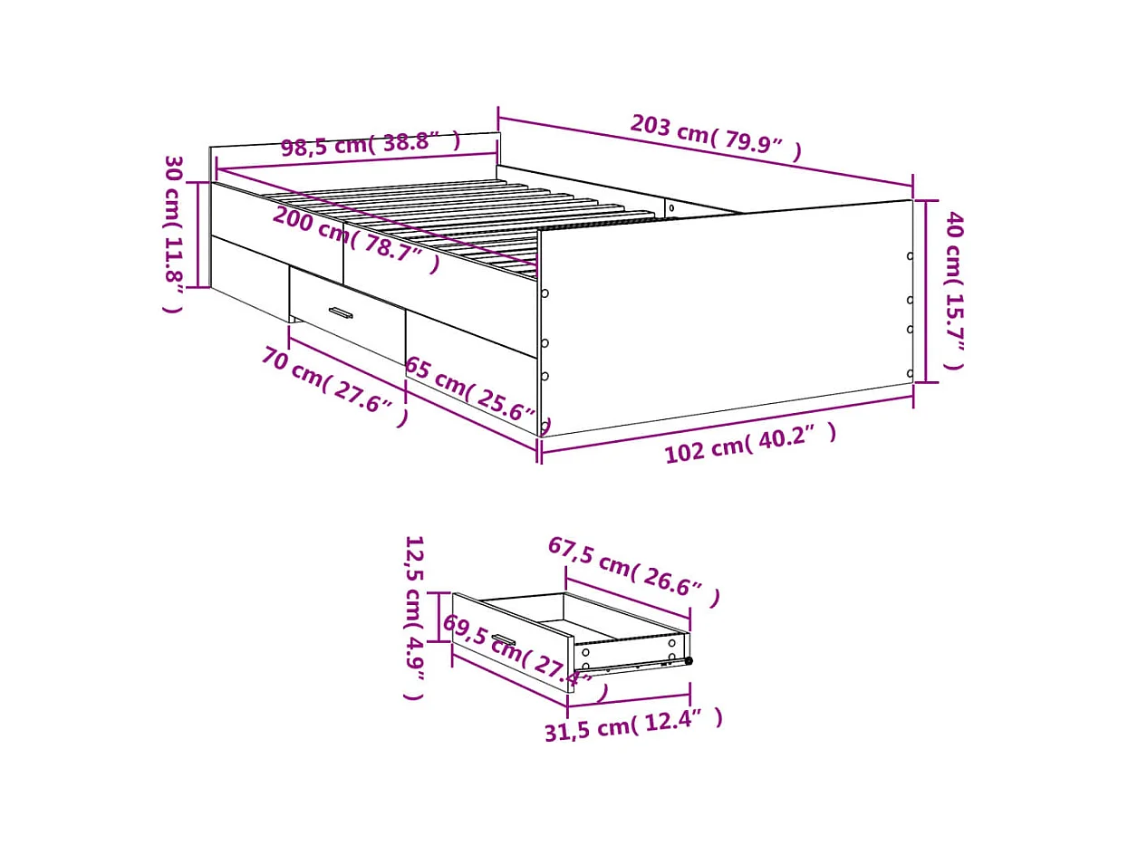 Lit simple | Lit adulte, enfant | Cadre de lit avec tiroirs noir 100x200 cm